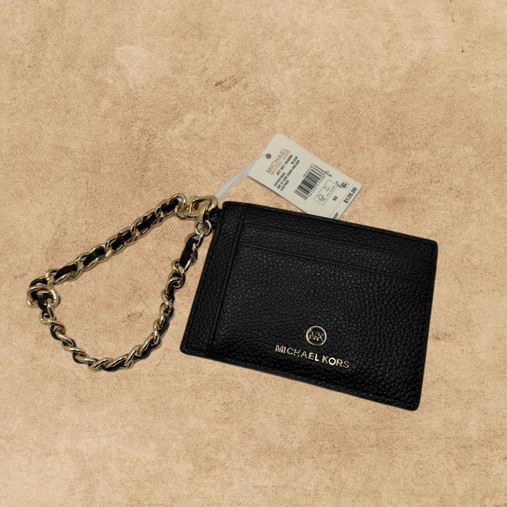 NWT Michael Kors Jet Set Charm Small ID Chain Card Holder Black Pebbled Leather